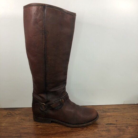 Frye Womens SZ 8B Distressed Harness Buckle Tall Brown Leather Riding Boots 16” - Picture 5 of 11